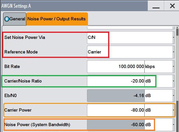Fig. 3-59: SMW: set the noise power relative to the carrier power via Carrier/Noise Ratio. Example: The carrier power for test case 2 is -80 db, the noise power is -60 db.