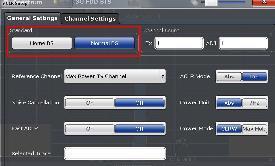 3. Under CP/ACLR Config tab, set the corresponding parameters under General Settings and Channel Settings