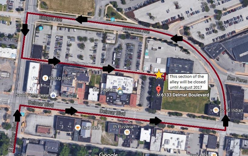 5 miles) Turn right onto Delmar Blvd (heading east). Delmar Hall will be on the left side of the road, less than a block away. To load in: 1. Continue east on Delmar Blvd to Rosedale Avenue. 2.