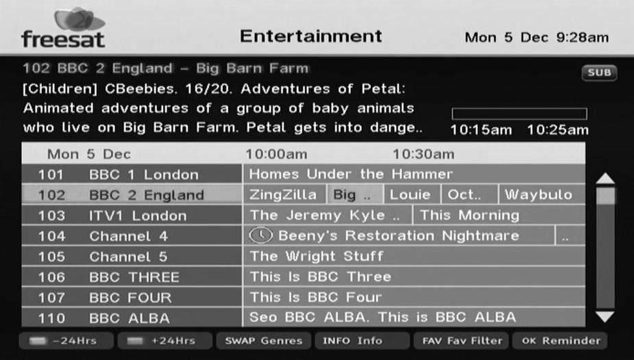 programme guide for all of the channels.