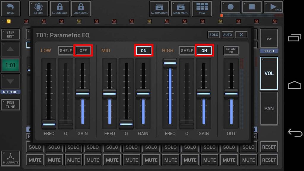 By default all EQ-Bands are turned off. Each Band can be toggled ON/OFF independently in use of the dedicated buttons on top of the Band.
