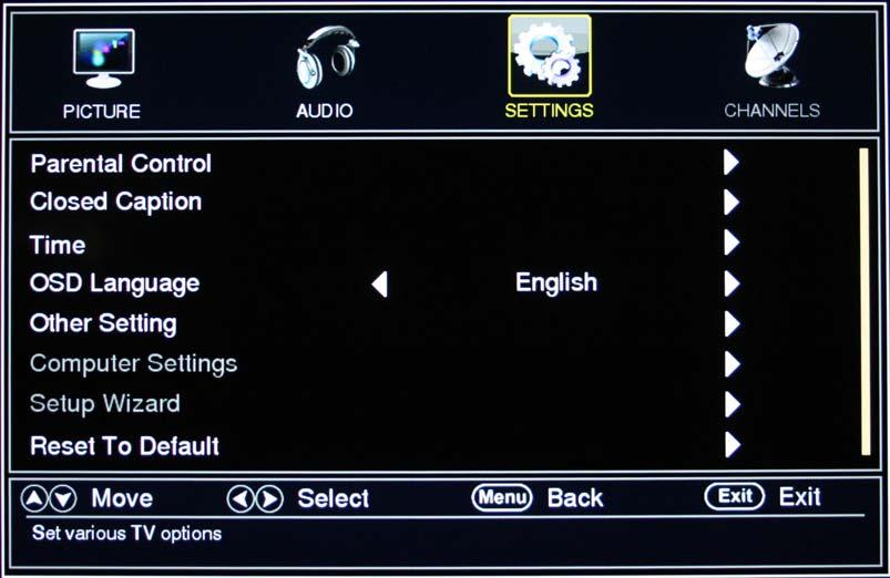 SETTINGS This option allows users to filter TV programs and movies while using the TV tuner. 1. Press MENU to open the OSD. 2.