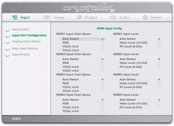 7. ADVANCED OSD OPTIONS 7.1 HDMI INPUT CONFIGURATION This option is used to set the input format of the HDMI input ports.