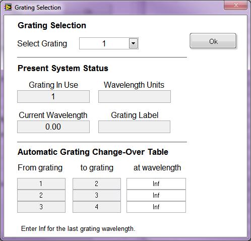 95 20.4 GRATING SELECTION To select gratings, go to the pulldown menu Monochromator Gratings.