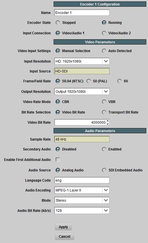 Video Configuration: parameters related to video encoding. Audio Configuration: parameters related to audio encoding.