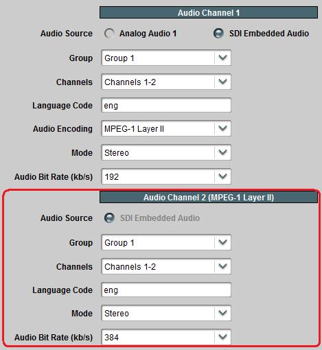 Basic Tab Secondary Audio Support A dual-channel B264 can be configured to offer secondary audio support (i.e., a second audio PID in the same program).
