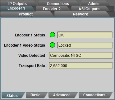 Encoder Statistics Tab The Encoder Statistics Tab is divided into four lower tabs, as indicated below: The Basic, Advanced and Connections tabs are direct equivalents of their configuration