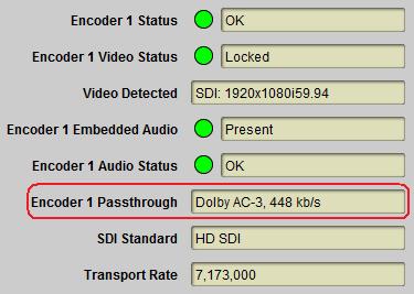 If Dolby Passthrough is configured, one additional indicator is shown: Encoder 1/2 Passthrough: This indicator contains the status of the Dolby AC-3 Passthrough function.