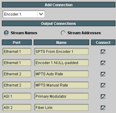 To make the connections, simply check the Connect box in front of the input you wish to use. You can connect any source to as many outputs as you wish.