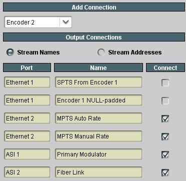 Two examples are shown below: Source Selection in the Output Ports When configuring an output (ASI or IP), connections can be immediately made as well, in that output s configuration interface (see