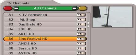 the following channel lists: - Complete list - Channel lists sorted by satellite (yellow) button: Call up the alphabetically ordered lists