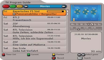 Electronic Programme Guide (EPG) The Genres view can be called up at any time in EPG by pressing the (blue) button. In the Genres view you can display the programmes sorted by genre.