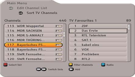 Main Menu - Edit Channel List Channels deleted from the complete channel list (left column) cannot be restored and cannot only be found again with a renewed channel search.