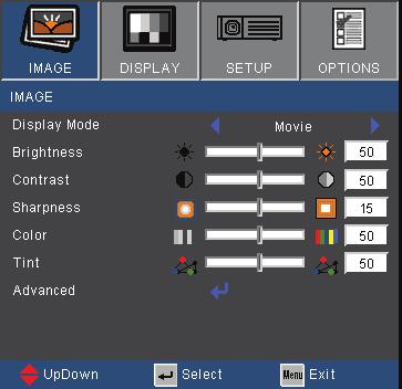 User Controls IMAGE Display Mode There are many factory presets optimized for various types of images. Presentation: Good color and brightness from PC input. Bright: Maximum brightness from PC input.