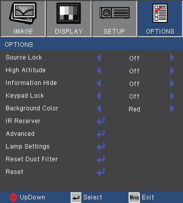User Controls OPTIONS Source Lock With dust filter installed, High Altitude mode must be turned on. Dust filter is Optional and may not be required in some regions.