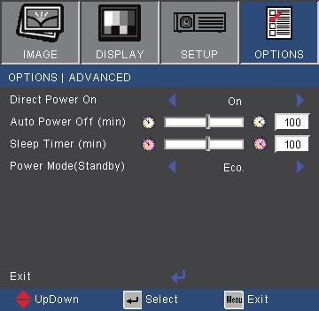 User Controls OPTIONS Advanced Direct Power On Choose On to activate Direct Power mode.