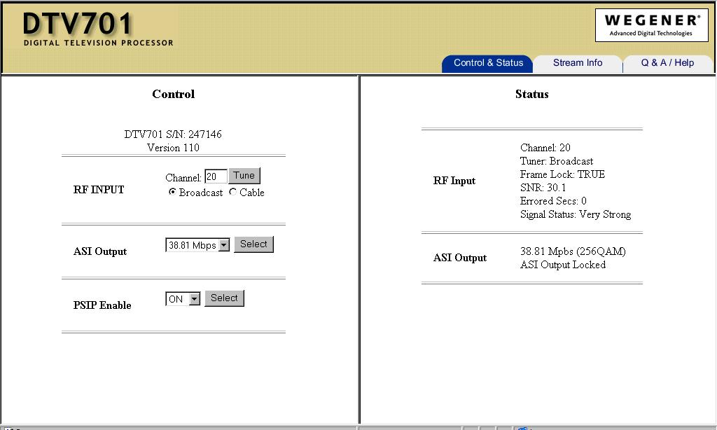 Figure 3.1 Control and Status Page Stream Information Page The Stream Information page shown in Figure 3.