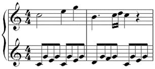 New Concept: Broken Chords, Arpeggios and Alberti Bass Alberti bass - A broken chord accompaniment, where the notes of the chord are in the specific order lowest, highest, middle, highest. e.g. An alberti bass of C would be CGEG CGEG Alberti Basses are usually found in the left hand of piano pieces.