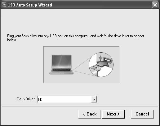 How to use the connection software (continued) 4. Select the USB flash drive on which the connection software is to be installed, and then click the [Next>] button.