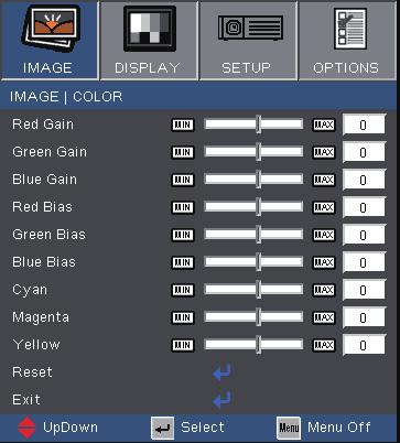 User Controls Image Color Color Use or to select item. Use or to select Red, Green, or Blue for brightness (Gain) and contrast (Bias).