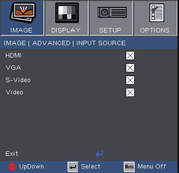 User Controls Image Advanced Color Space Select an appropriate color matrix type from AUTO, RGB, YUV. Input Source Enable input sources.