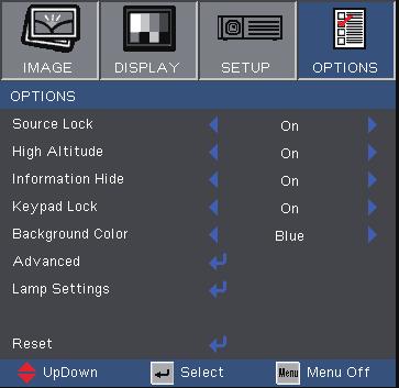 User Controls Options Source Lock On: The projector will search specified connection port. Off: The projector will search for other signals if the current input signal is lost.
