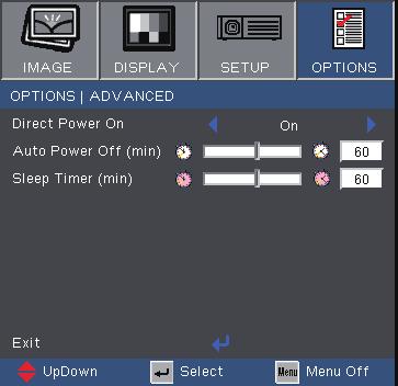 User Controls Options Advanced Direct Power On Choose On to turn on Direct Power On mode.