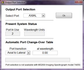 78 18.10 OUTPUT PORT SELECTION Dual output port selection is an optional feature for the Cornerstone 260 monochromator and MS260i spectrograph.