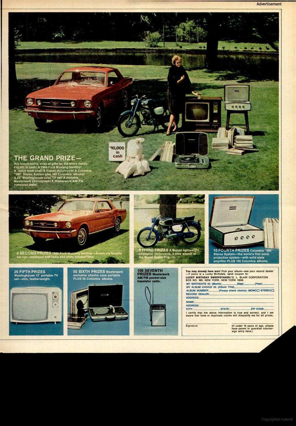 Advertisement THE GRAND PRIZE this breathtaking array of gifts for the entire family: 510.000 in cash! A 1966 Ford Mustang hardtop! A ranch mink coat! A Suzuki motorcycle!