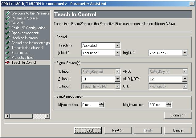 Function Package "Blanking" Bild 8.-: "Teach-in Control" window Select the appropriate parameter from the dropdown lists.