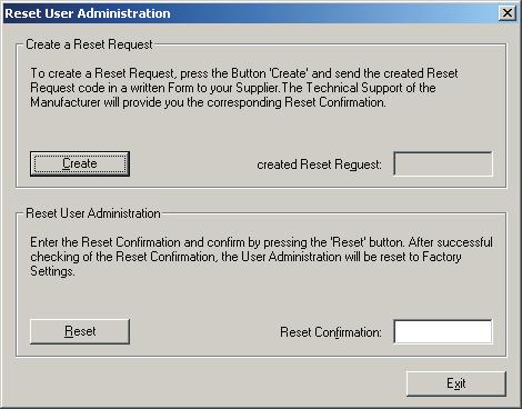 Parameterization 6.. Deleting Users Select the user to be deleted in the table in the "User Administration" window and click [Delete]; see Fig. 6.-. 6.. Resetting User Administration You have the option of resetting User Administration to the state of factory setting.