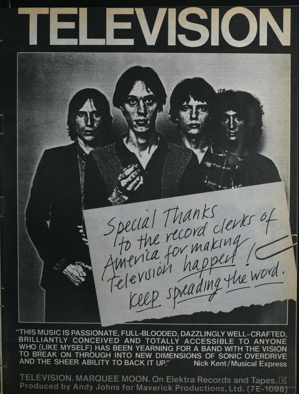 TELEVSON. MARQUEE MOON. On Elektra Records and Tapes. 7.: Produced by Andy Johns for Maverick Productions, Ltd. (7E-098) www.americanradiohistory.