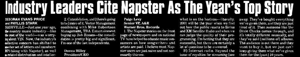Country Industry Leaders Cite Napster As The Year's Top Story DEBORAH EVANS PRICE PHYLLIS STARK V IL LE -lust one year ago, country music industry-like rest of the world -was worrying about Y2IL Now