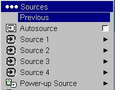 When the Autosource feature is On, the projector automatically finds the active source, checking the selected Power-up ource first.