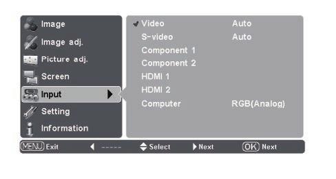 When Video or S-video is selected, press the Point 8 button to display the System Menu. Use the Point ed buttons to select the desired system and press the OK or Point 8 buttons.