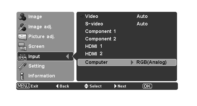 Input HDMI 1 or HDMI 2 When the video signal is connected to the HDMI 1 or HDMI 2 terminals, select HDMI 1 or HDMI 2 respectively.
