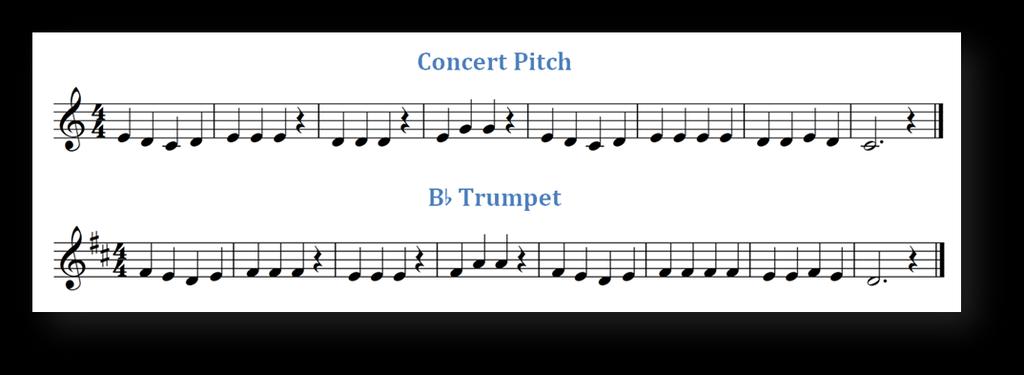 one whole step higher than the Concert pitch key, from Concert C Major to D Major for the trumpet. We will use the familiar melody, Mary Had a Little Lamb. Why Transpose?