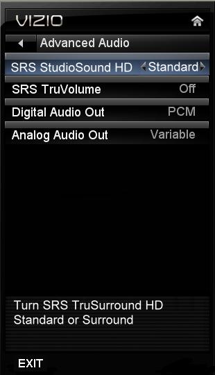 E370VP / E420VP 5 Adjusting the Advanced Audio Settings To adjust the advanced audio settings: 1. From the Audio Settings Menu, use the Arrow buttons to highlight Advanced Audio, then press OK.