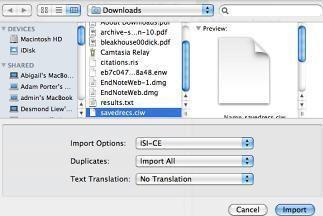 The file will be saved into your Downloads folder In EndNote, go to File>Import Select the file you want to import from the list of downloads, select the import option ISI-CE and click Import The