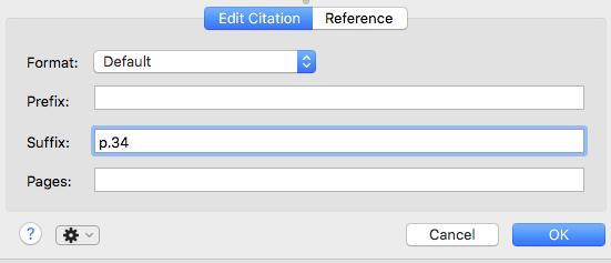Pages To add page numbers to a citation use the Suffix box and select OK Depending on how you want the end result to look you may need to include comma(s) and space(s) into this field Important note:
