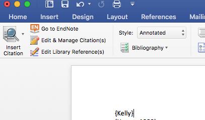 Go to EndNote and find the citation you want to use. Go to Tools>Cite While You Write>Insert Selected Citation(s).