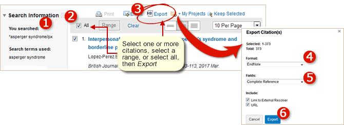 Select Export to display the Export Citations List dialogue box. 4. Choose EndNote under Format. 5.