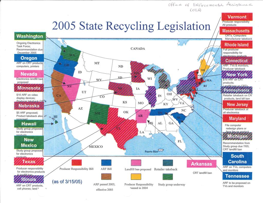 ot{:c...e.. of E1\Jv'i11cYi i'tl-cvtft.t.l As,s-~c...e.. (oe:a) 2005 State Recycling Legislation Vermont.. p. All products Massachusetts CANADA New Jersey. r.