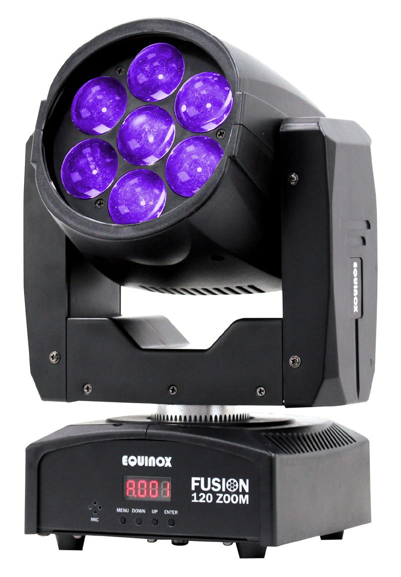 Product overview & technical specifications Fusion 120 Zoom The Equinox Fusion 120 Zoom is a 7 x 12W LED Moving Head with motorised zoom allowing for a variable beam angle from 6-45.