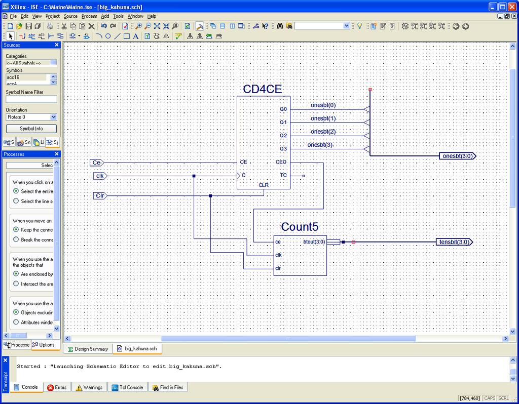 Figure 1: Counter Schematic Layout. The Hex to LED Converter We will use VHDL to generate this macro. 1. In Project Navigator, select Projectà New Source. The New Source dialog box opens. 2.