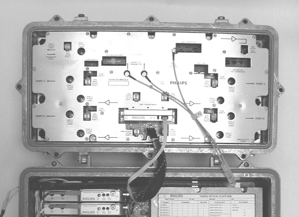 Doc. 2272065, Rev. C TIARRA Optical Node Equipment Description Amp Figure 24. TRFM Amplifier, Installed in Node The TRFM series RF amplifier module fits into the base of a TIARRA optical station.