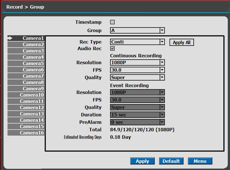 Event recording has priority in recording. In C/E recording, the recording will follow conti recording setup in normal condition while it would follow event recording setup in event generation.
