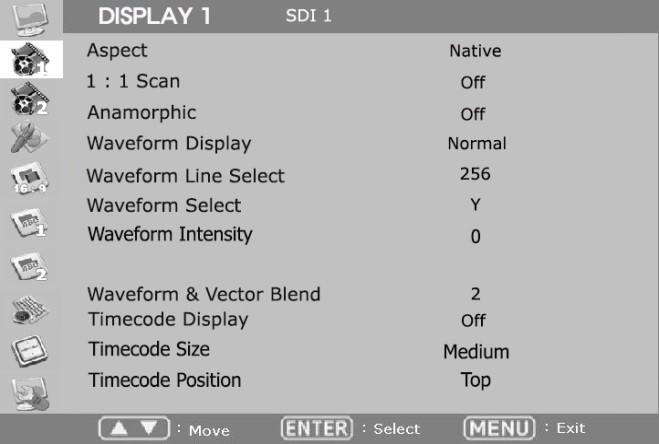DISPLAY 1 Aspect Set the aspect ratio of the screen. 16:9, 4:3, Native(Original) are selectable. 1:1 Scan Set this on to display picture in 1:1 pixel mapping.