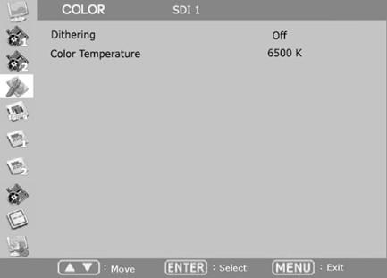 COLOR Dithering Turn this mode on to view motion pictures smoothely when the source has low quality. Color Temperature Select color temperature among 3200K, 5600K, 6500K, 9300K or USER.