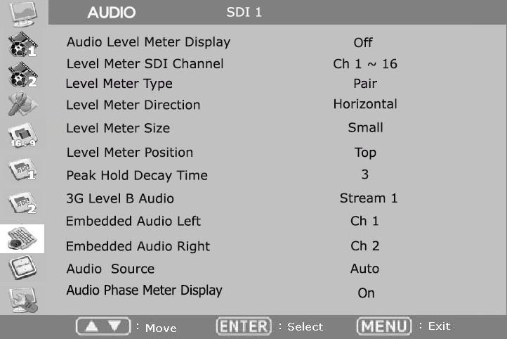 AUDIO Embedded Audio Left Select audio channel for left (Ch 1 ~ 15) Embedded Audio Right Select audio channel for right (Ch 2 ~ 16) Audio Level Meter Turns on/off audio level meters.